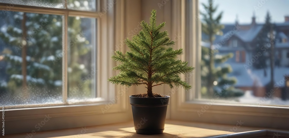 Small pine Christmas tree in a glass pot on a sunny windowsill, sunny windowsill, small potted trees