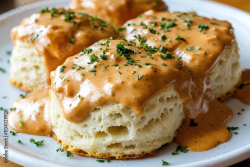 Delicious fluffy biscuits drenched in rich gravy, topped with fresh parsley for garnish.