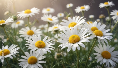 Softly blooming chamomile flowers in a dreamy abstract composition, soft focus, wildflower meadow, gentle hue