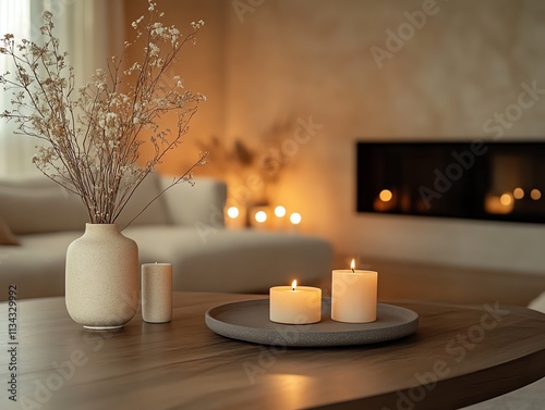 Cozy ambiance with candles and decorative vase.