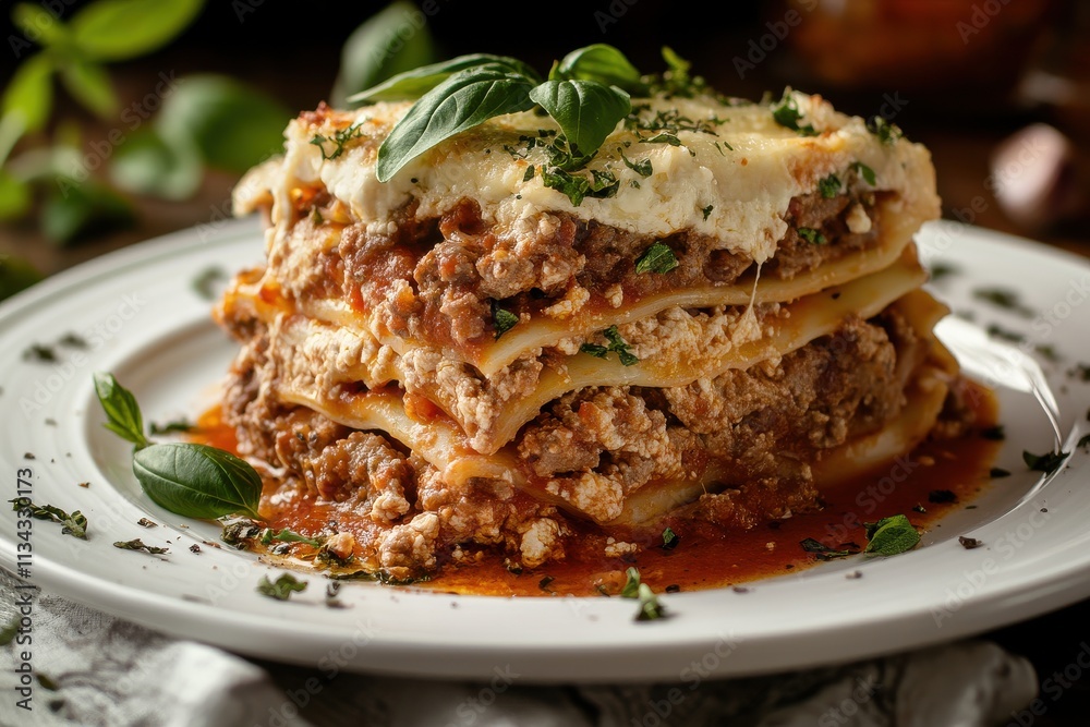 A mouthwatering serving of homemade lasagna stacked high with layers of meat, cheese, and fresh basil. A mouthwatering serving of homemade lasagna stacked high with layers of meat, cheese, and fresh basil.