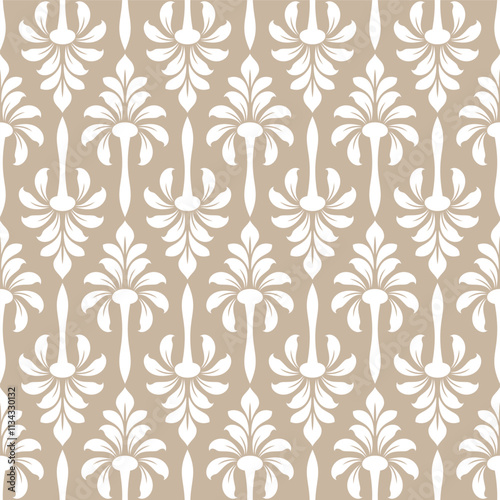 Floral geometric seamless pattern. Beige and white ornament. Fabric for ornament, wallpaper, packaging, vector background