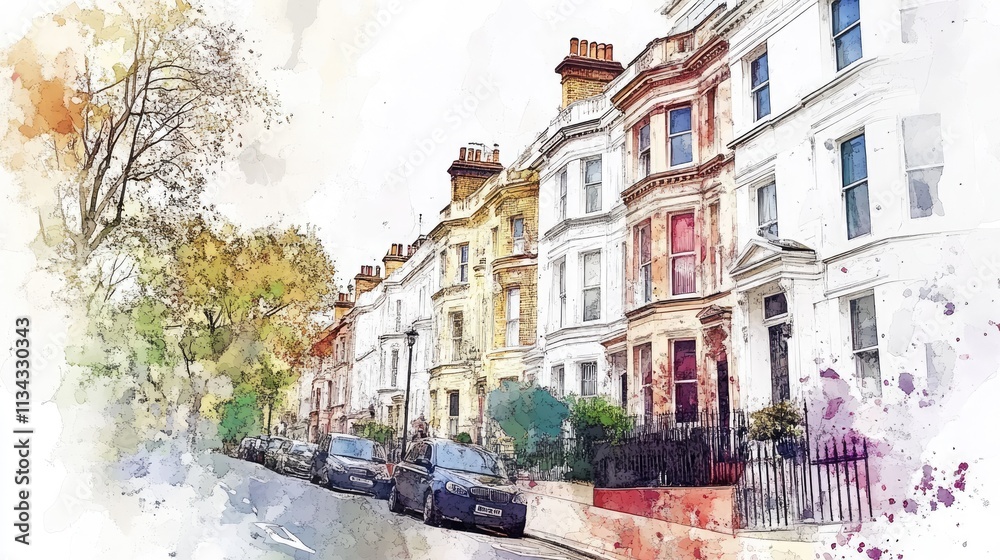 Obraz premium Watercolor the Notting Hill neighborhood in London, white background.