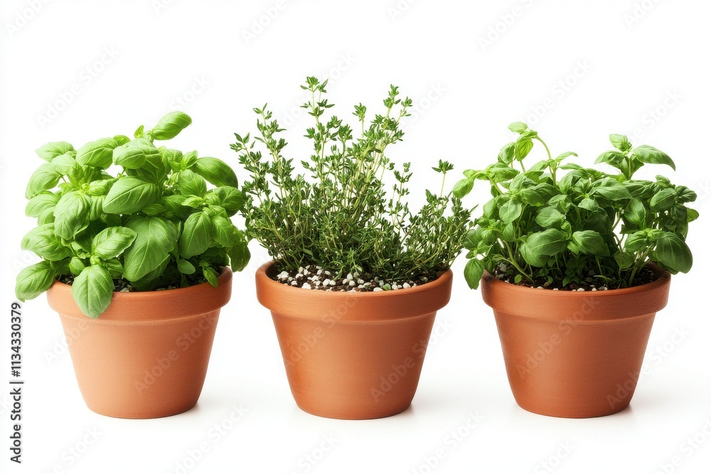Three vibrant potted herbs: basil on the left, thyme in the center, and another variety of green herb on the right. Three vibrant potted herbs: basil on the left, thyme in the center, and another variety of green herb on the right.