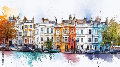 Watercolor the Notting Hill neighborhood in London, white background.