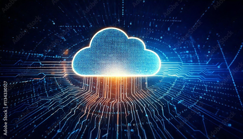 Digital Informational Technology Web Hologram with Cloud Icon: Blue and Golden Light Concept Digital Informational Technology Web Hologram with Cloud Icon: Blue and Golden Light Concept