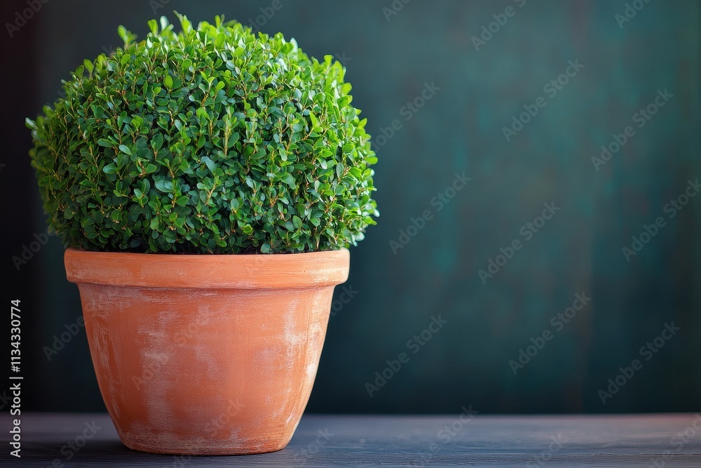 A vibrant green bush in a terracotta pot against a dark, textured background, adding a touch of nature indoors. A vibrant green bush in a terracotta pot against a dark, textured background, adding a touch of nature indoors.