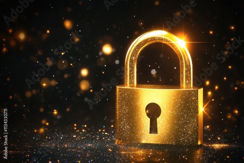 A shimmering golden padlock glows against a dark, sparkly background, symbolizing security and protection.
