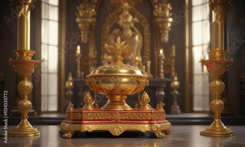 gold leaf adorned altar with censer and chalice, festive decorations, censer