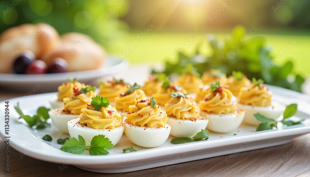 Deviled eggs on a platter with fresh herbs, bright mood, outdoor setting Deviled eggs on a platter with fresh herbs, bright mood, outdoor setting
