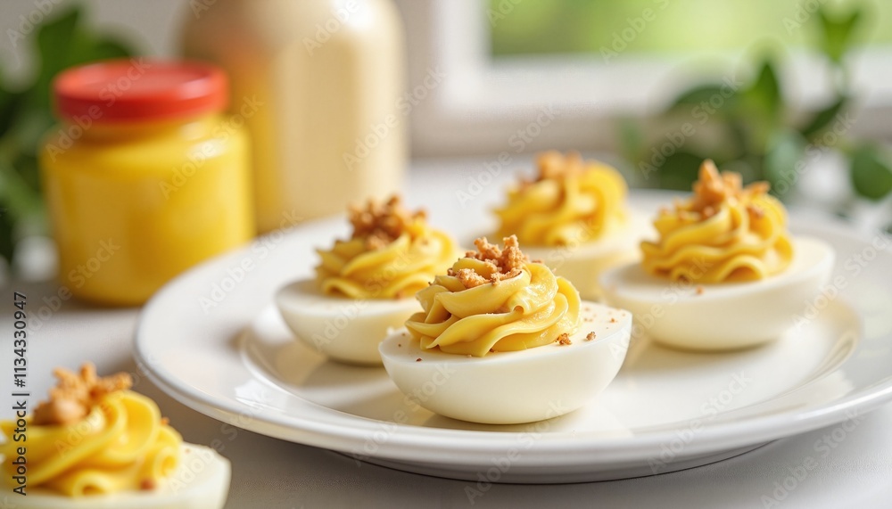 Deviled eggs topped with crunchy nuts, cozy mood, mustard jar in the background Deviled eggs topped with crunchy nuts, cozy mood, mustard jar in the background