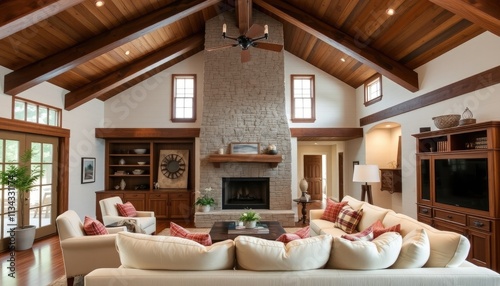 a spacious and well-designed living room with a high vaulted ceiling  wooden beams  and a stone fireplace. The room features a large white sofa  a coffee table  and a television