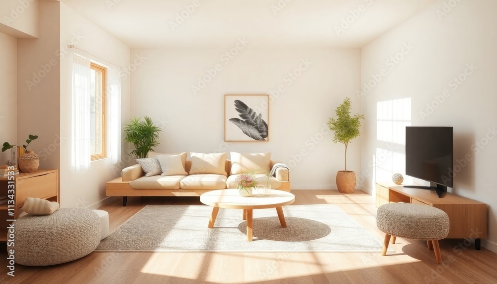 A modern living room with a large window, white walls, and a neutral color palette featuring a beige sofa, wooden coffee table, and a flat-screen TV A modern living room with a large window, white walls, and a neutral color palette featuring a beige sofa, wooden coffee table, and a flat-screen TV