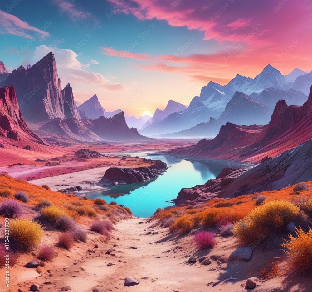 Obraz premium Surreal landscape with blended colors and watercolor effect, abstract geography, watercolor art, surreal landscapes