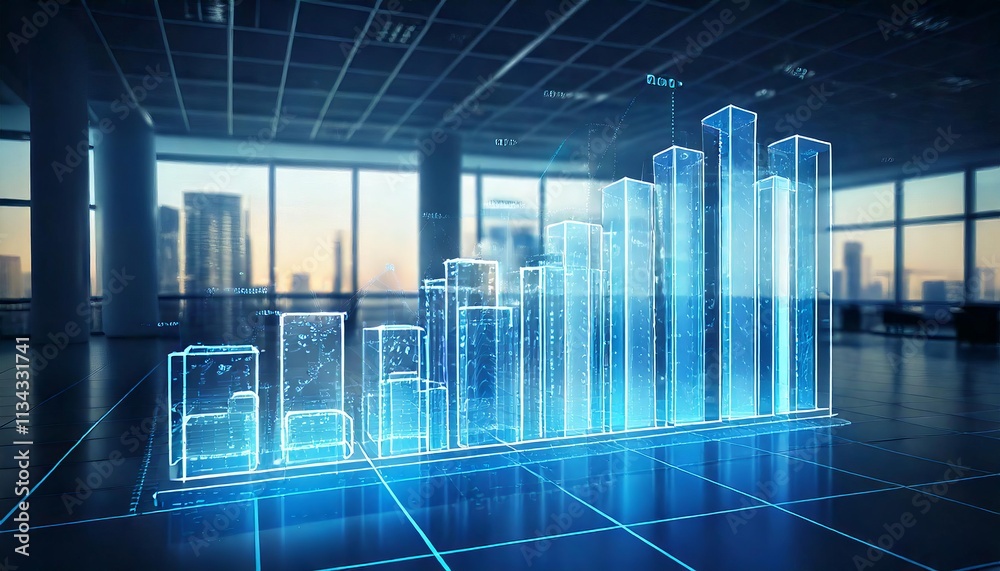 Dynamic 3D Bar Graph with Holographic Labels in a Futuristic Office Space: Business and Data Analytics Concept Dynamic 3D Bar Graph with Holographic Labels in a Futuristic Office Space: Business and Data Analytics Concept