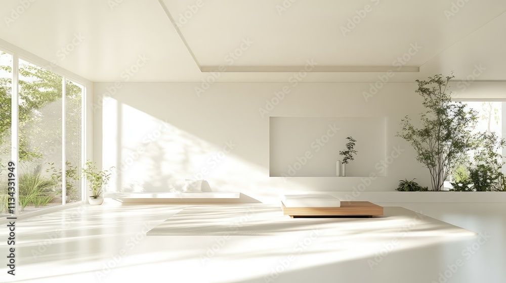 A modern, open-concept office with clean lines, white walls, and minimal furniture, reflecting a calm, clutter-free environment A modern, open-concept office with clean lines, white walls, and minimal furniture, reflecting a calm, clutter-free environment