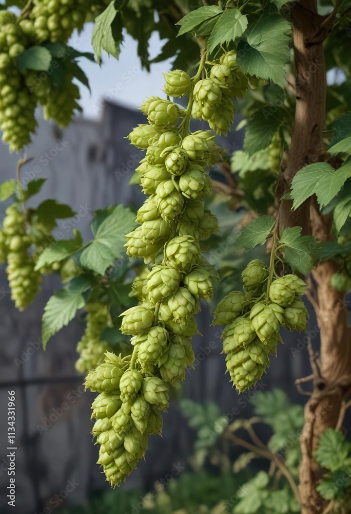 Branch with multiple ripe hop cones and some immature cones, plant life, botanical photography, cone details Branch with multiple ripe hop cones and some immature cones, plant life, botanical photography, cone details