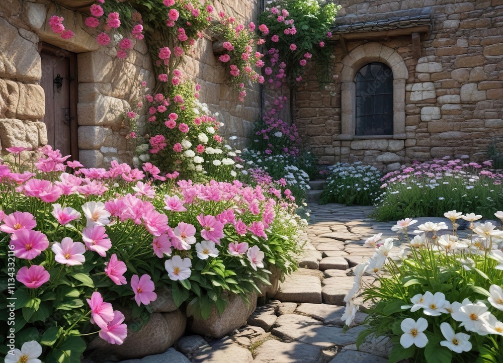 Fototapeta premium Pink and white flowers blooming in a rustic garden amidst old stone walls, botanical, historic