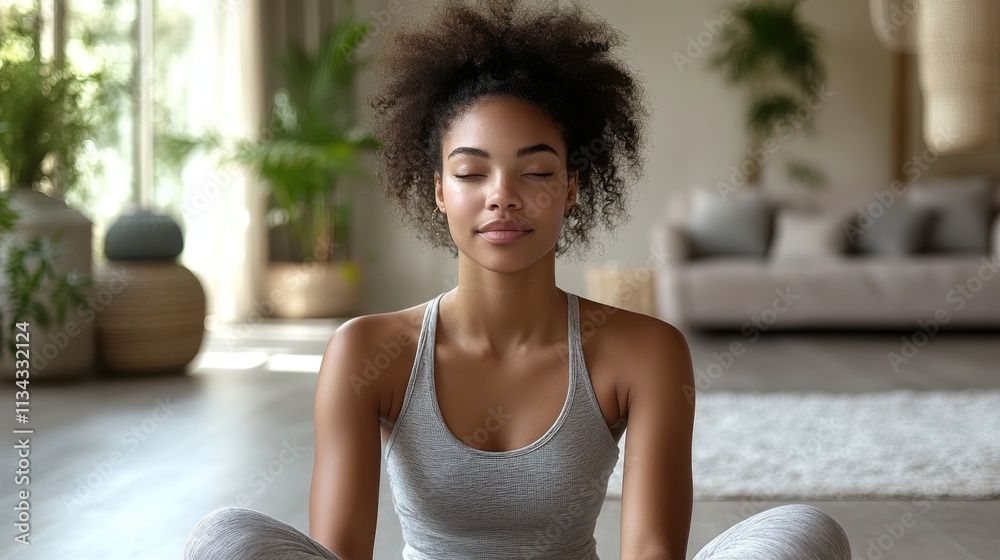 A woman meditating in a serene indoor space, promoting relaxation and mindfulness. A woman meditating in a serene indoor space, promoting relaxation and mindfulness.