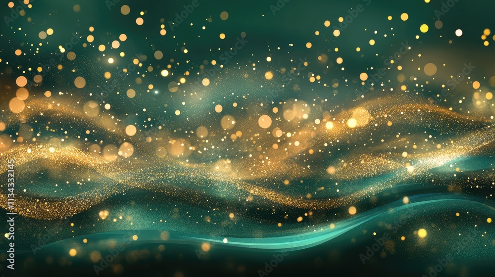 Waves of golden sparkles, shiny glitter bokeh lights on green background