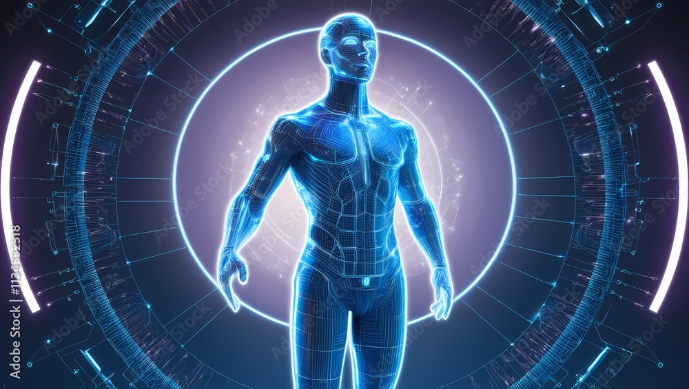 A holographic human figure with a glowing, futuristic design stands with illuminated DNA strands in the background. The scene symbolizes advanced science, genetics, energy, and technology, with vivid A holographic human figure with a glowing, futuristic design stands with illuminated DNA strands in the background. The scene symbolizes advanced science, genetics, energy, and technology, with vivid