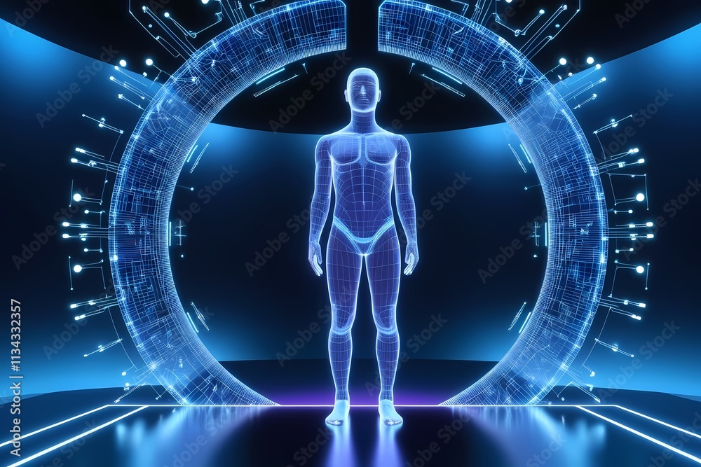Fototapeta premium A holographic human figure with a glowing, futuristic design stands with illuminated DNA strands in the background. The scene symbolizes advanced science, genetics, energy, and technology, with vivid 