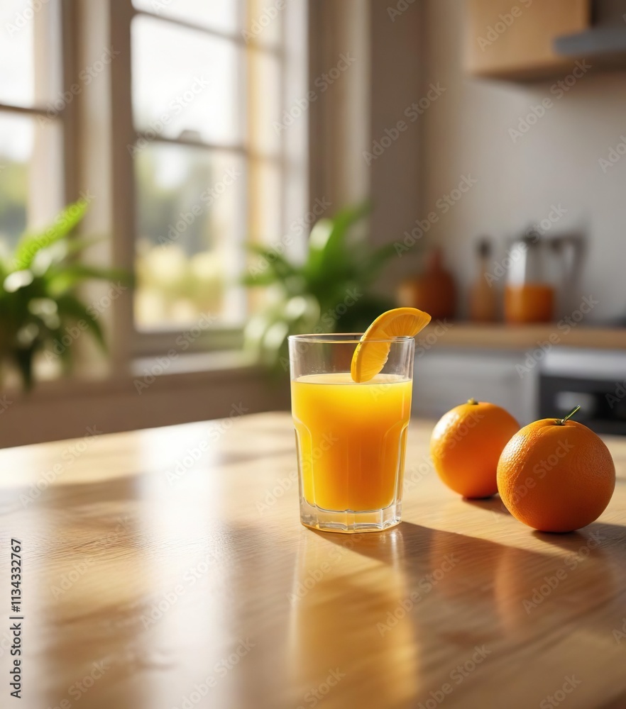A glass of freshly squeezed orange juice on a sunny kitchen table, breakfast table , refreshing, freshly squeezed juice A glass of freshly squeezed orange juice on a sunny kitchen table, breakfast table , refreshing, freshly squeezed juice