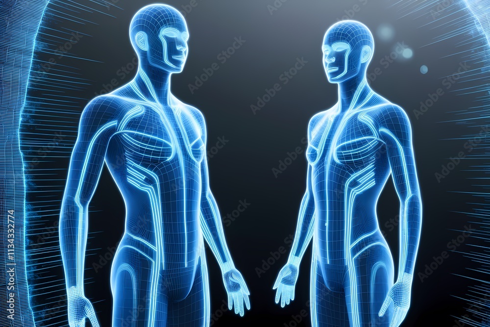 A holographic human figure with a glowing, futuristic design stands with illuminated DNA strands in the background. The scene symbolizes advanced science, genetics, energy, and technology, with vivid A holographic human figure with a glowing, futuristic design stands with illuminated DNA strands in the background. The scene symbolizes advanced science, genetics, energy, and technology, with vivid