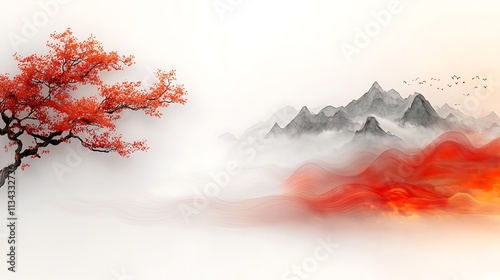 Detailed Thai wave and cloud patterns on a white and red background, perfect for creating a culturally rich social media post design  photo