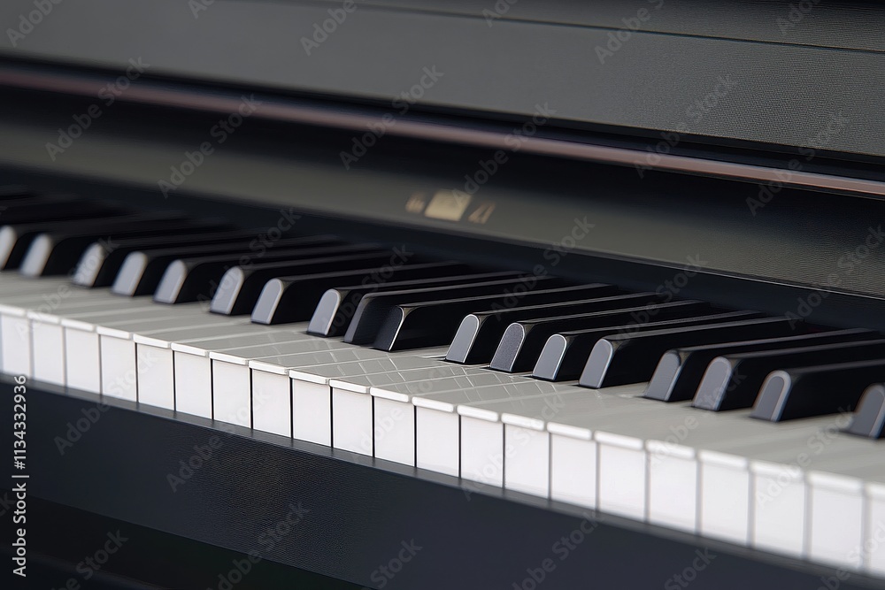 Close-up of a sleek black piano keyboard, showcasing polished keys in a harmonious blend of colors and textures. Close-up of a sleek black piano keyboard, showcasing polished keys in a harmonious blend of colors and textures.