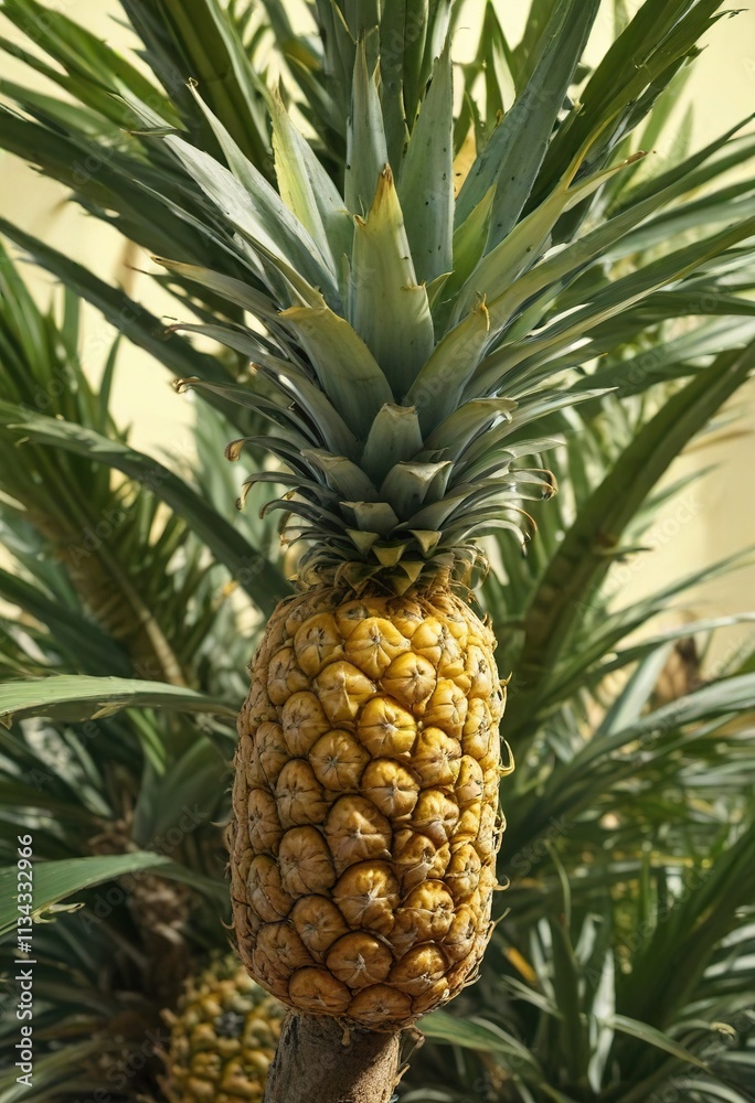 Pineapple on a sunny branch with noticeable yellowing spots, green, ripe, ripening Pineapple on a sunny branch with noticeable yellowing spots, green, ripe, ripening