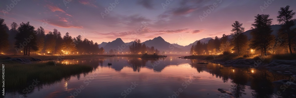 Obraz premium serene riverscape at dusk with soft glowing lights, winding river, natural ambiance