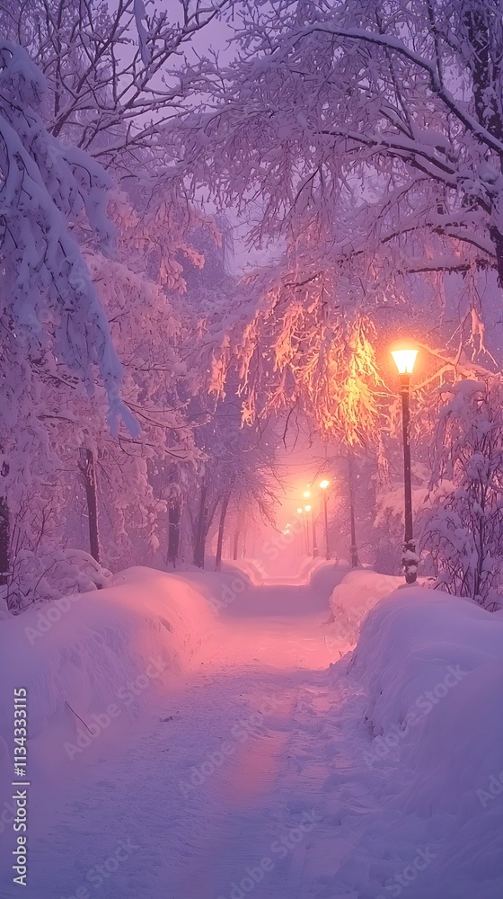 Winter nights showcase a blizzard with snowy streets and rime-velvet branches under light purple and pink hues Winter nights showcase a blizzard with snowy streets and rime-velvet branches under light purple and pink hues