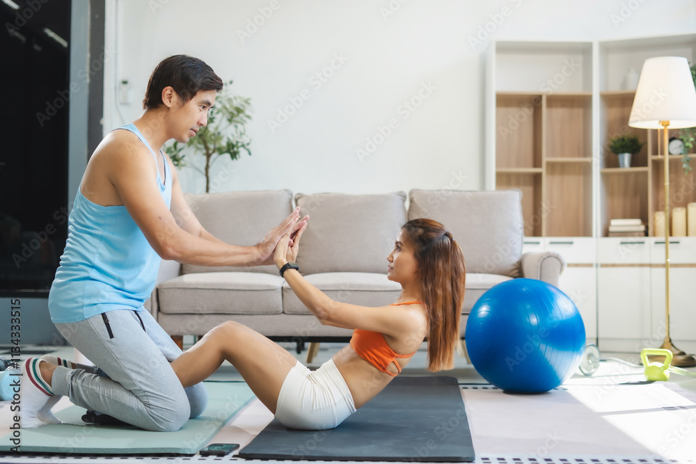 Asian healthy couple workout at home, exercise, fit, doing yoga, home fitness concept. Asian healthy couple workout at home, exercise, fit, doing yoga, home fitness concept.
