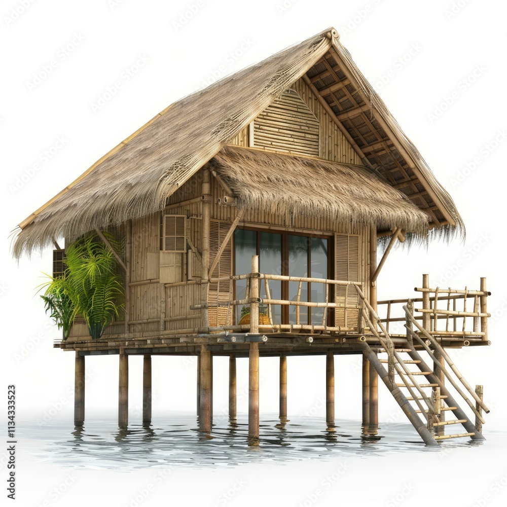 Tranquil bamboo hut with thatched roof built on stilts over serene water, creating a peaceful tropical getaway Tranquil bamboo hut with thatched roof built on stilts over serene water, creating a peaceful tropical getaway