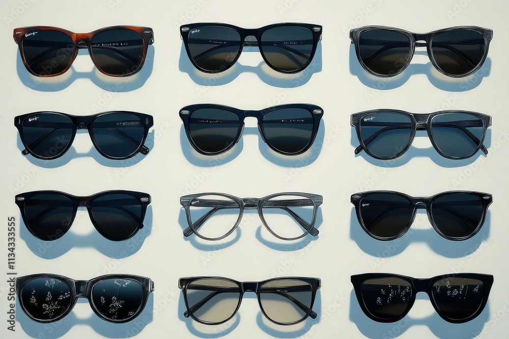 A stylish collection of twelve trendy sunglasses displayed on a light surface, showcasing various designs and colors. A stylish collection of twelve trendy sunglasses displayed on a light surface, showcasing various designs and colors.