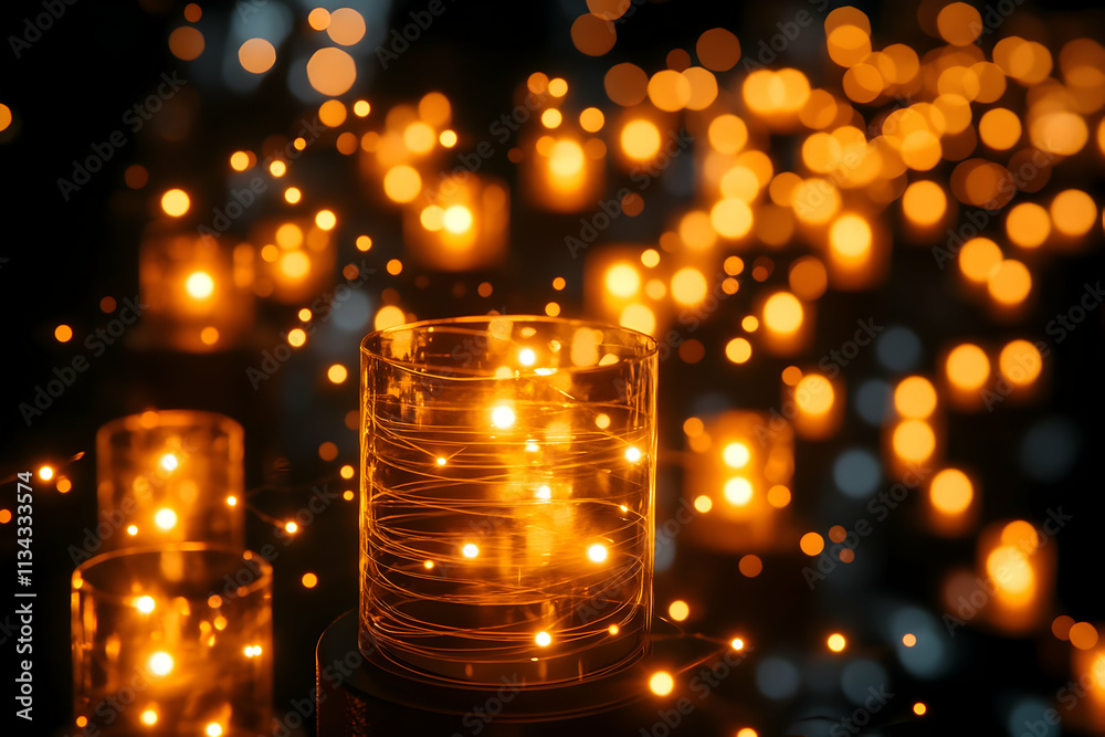 Glowing lights in glass jars on dark background. Glowing lights in glass jars on dark background.