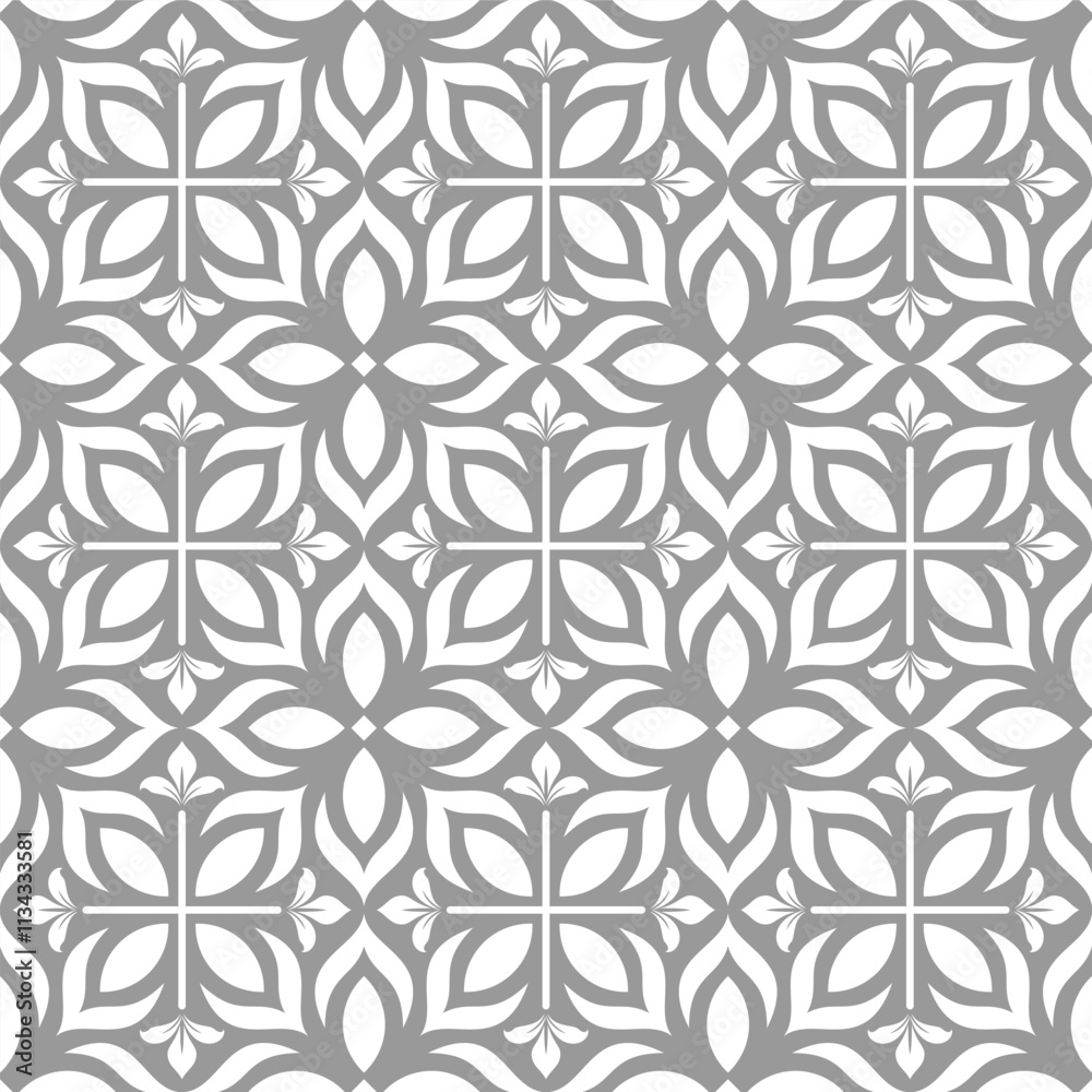 Abstract geometric floral seamless pattern. Gray and white ornament. Modern stylish texture repeating. Vector background. Abstract geometric floral seamless pattern. Gray and white ornament. Modern stylish texture repeating. Vector background.