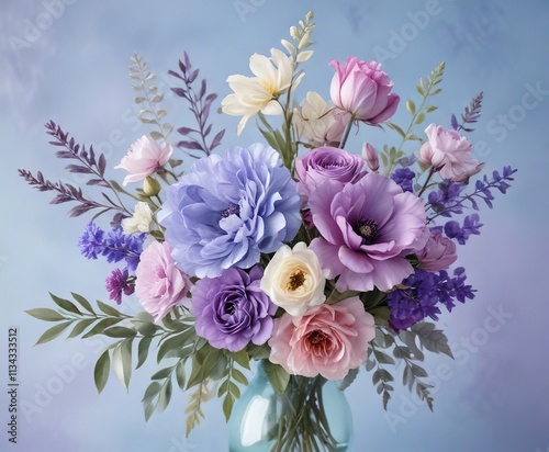 Soft watercolor floral arrangement on a pale blue and purple background , soft focus, bohemian