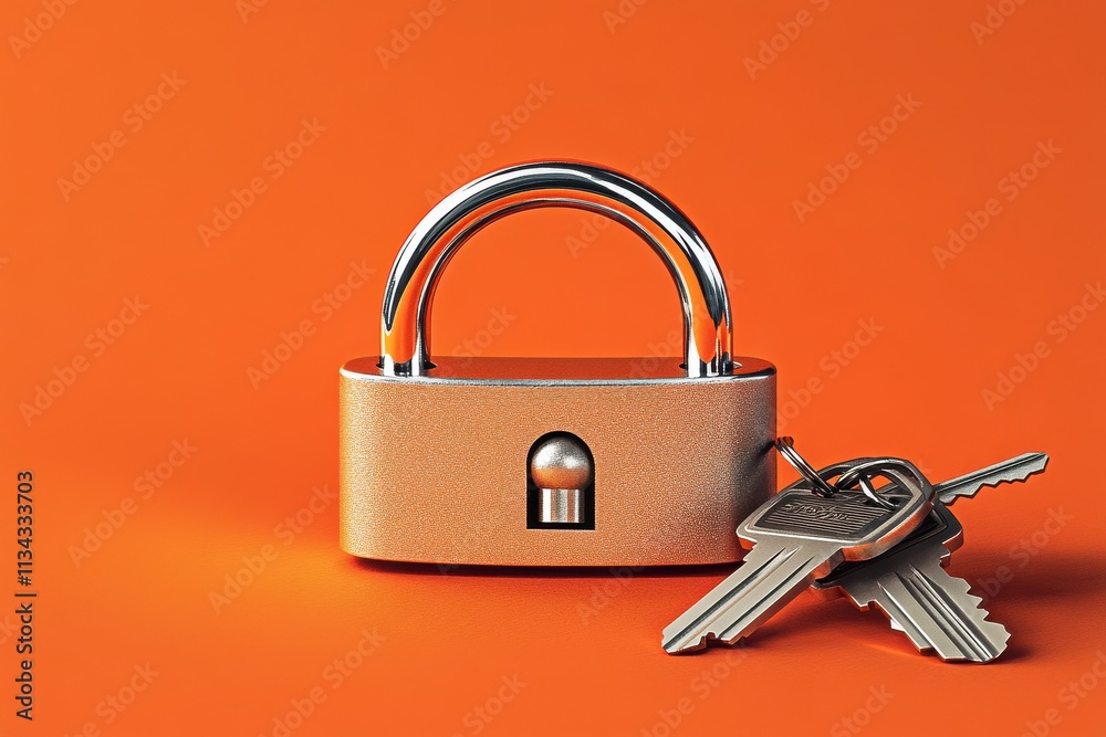 A shiny silver padlock with keys resting beside it against an orange background, symbolizing security and protection. A shiny silver padlock with keys resting beside it against an orange background, symbolizing security and protection.