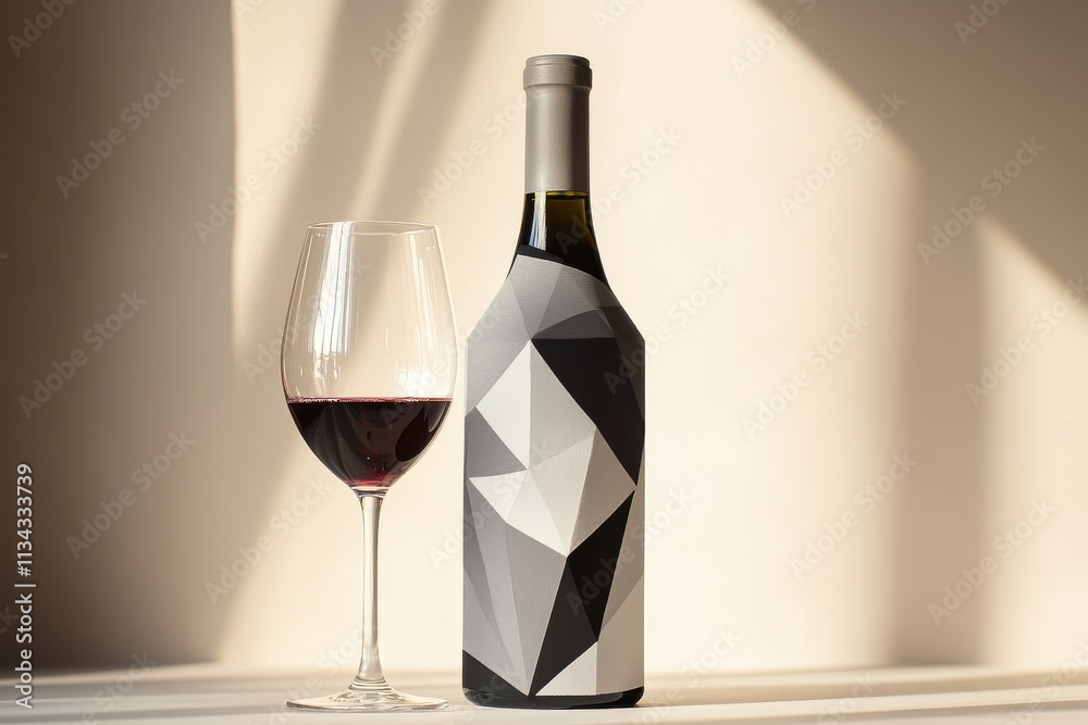 A stylish gray geometric wine bottle alongside a filled glass, bathed in warm, soft light. A stylish gray geometric wine bottle alongside a filled glass, bathed in warm, soft light.