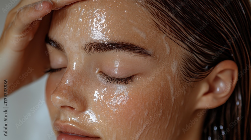 Close-up of a woman applying a skincare treatment, showcasing a glowing face. Close-up of a woman applying a skincare treatment, showcasing a glowing face.