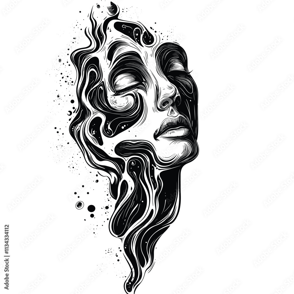 Elegant black and white abstract portrait of a serene woman. Elegant black and white abstract portrait of a serene woman.