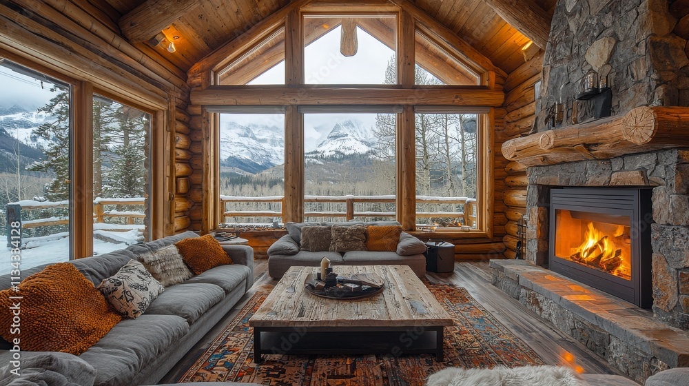 Cozy log cabin interior with mountain view and warm fireplace Cozy log cabin interior with mountain view and warm fireplace