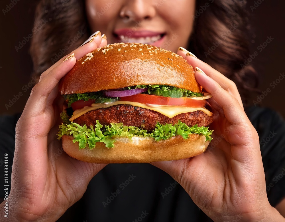 a woman who eats a delicious hamburger a woman who eats a delicious hamburger