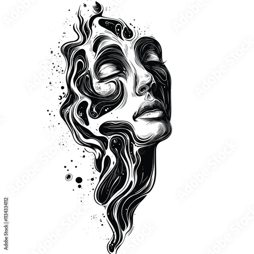 Elegant black and white abstract portrait of a serene woman.