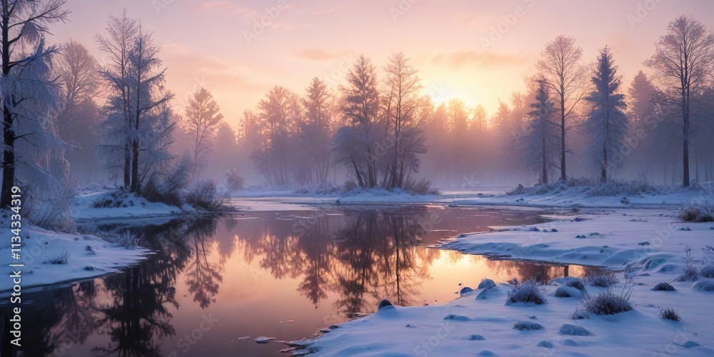 Frosty dawn scene with snow-covered trees and frozen pond, winter serene, snowflakes falling, icy surface Frosty dawn scene with snow-covered trees and frozen pond, winter serene, snowflakes falling, icy surface