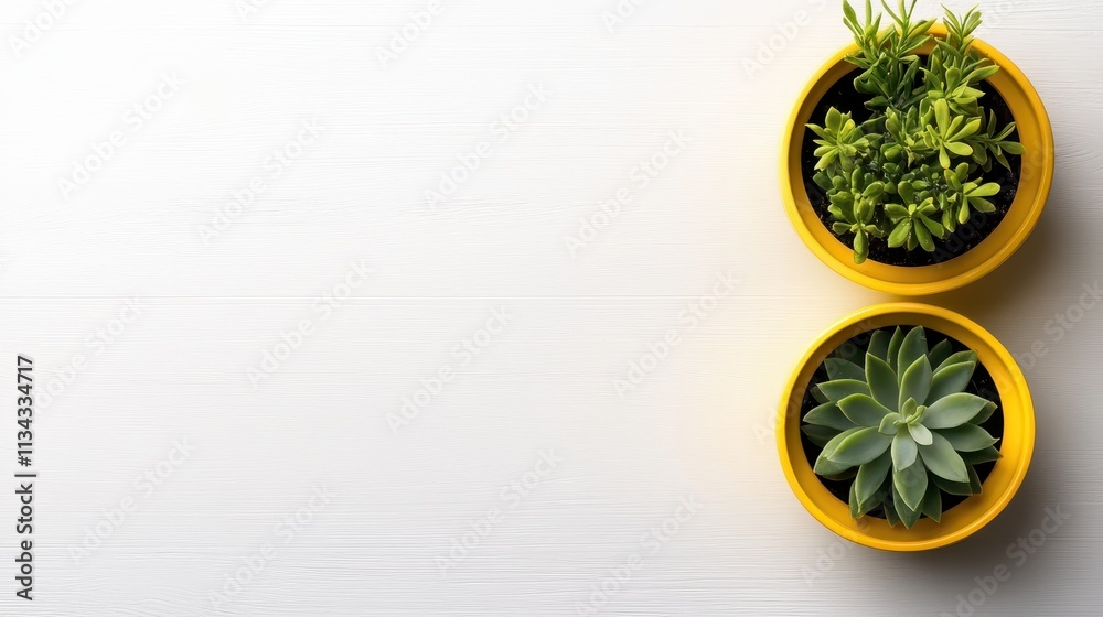 Two small succulent plants in bright yellow pots on a white surface. Two small succulent plants in bright yellow pots on a white surface.