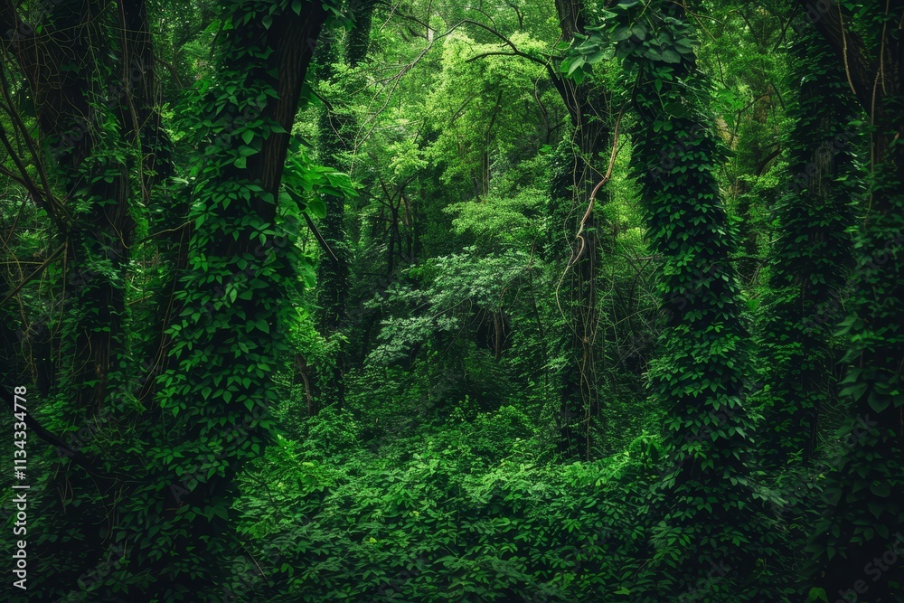 Obraz premium A tranquil forest setting features thick greenery, with intertwined trees and abundant foliage, inviting exploration and highlighting the beauty of nature.