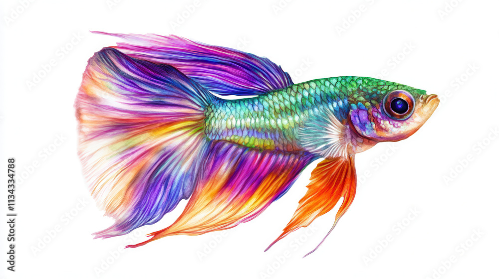 A vibrant and colorful depiction of a lime green and purple guppy fish with translucent, gradient-colored fins that resemble stained glass. The fish is captured mid-motion, tilted at an elegant angle A vibrant and colorful depiction of a lime green and purple guppy fish with translucent, gradient-colored fins that resemble stained glass. The fish is captured mid-motion, tilted at an elegant angle